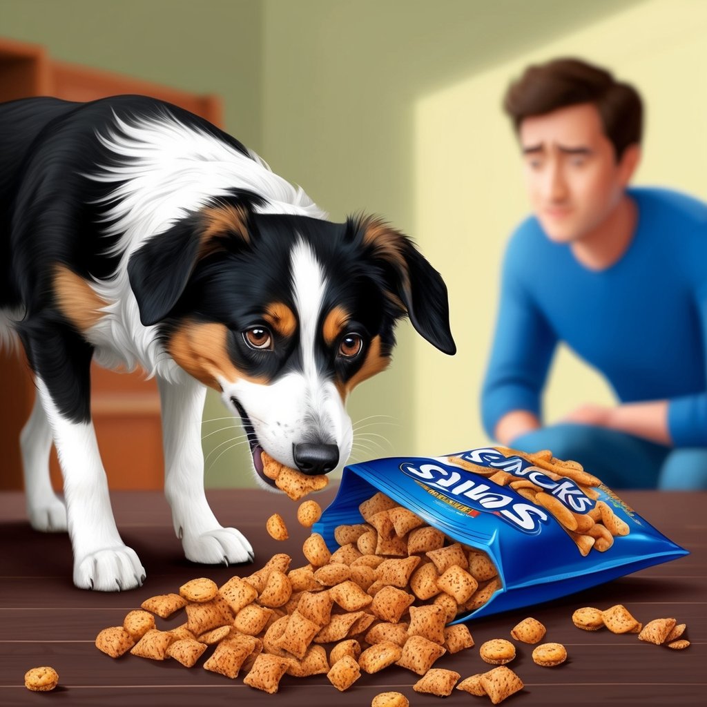 A dog eagerly eating from a spilled bag of salty snacks, with a concerned owner looking on in the background