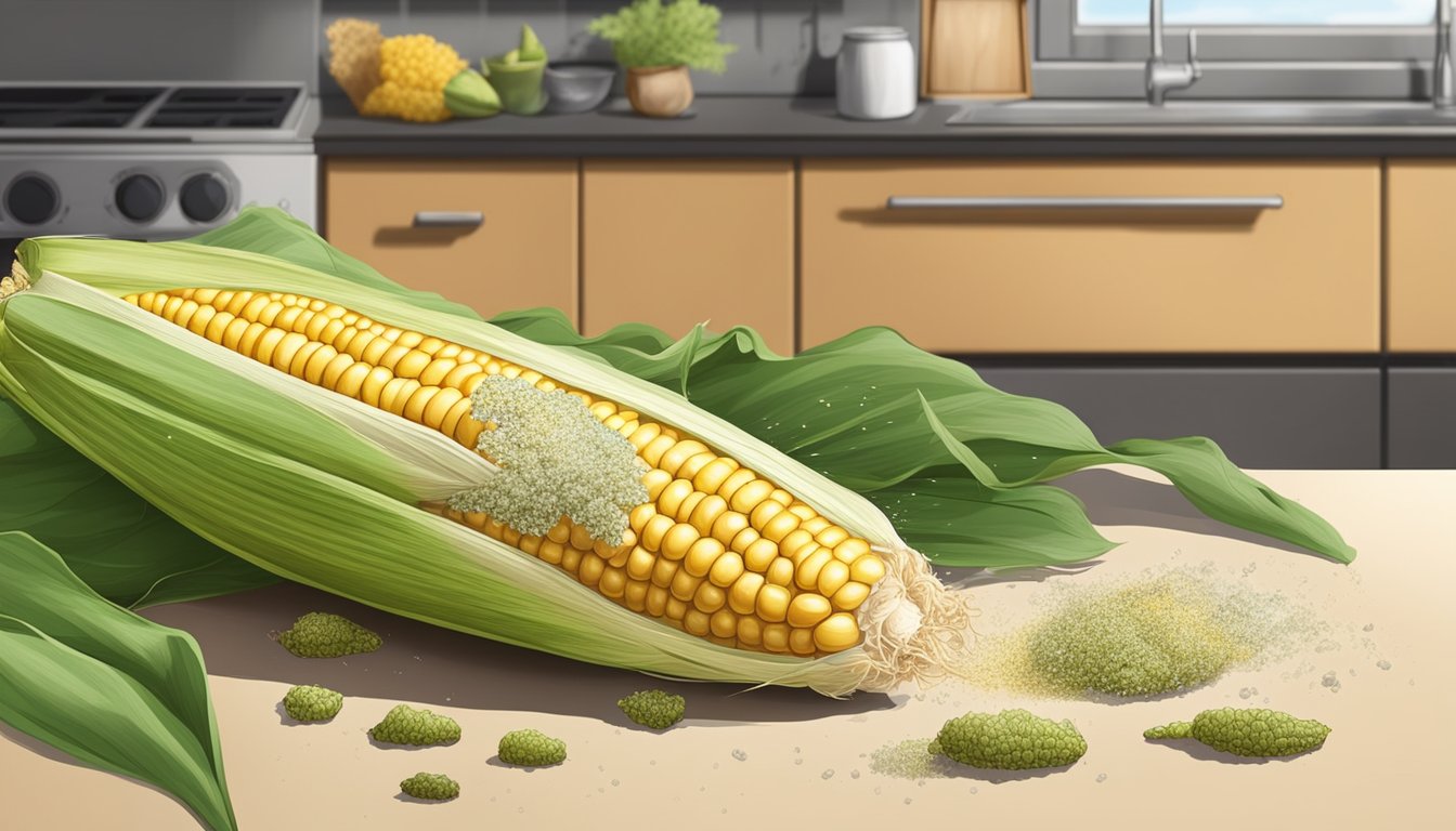 A moldy cob of corn sits on a kitchen counter, surrounded by flies and emitting a foul odor