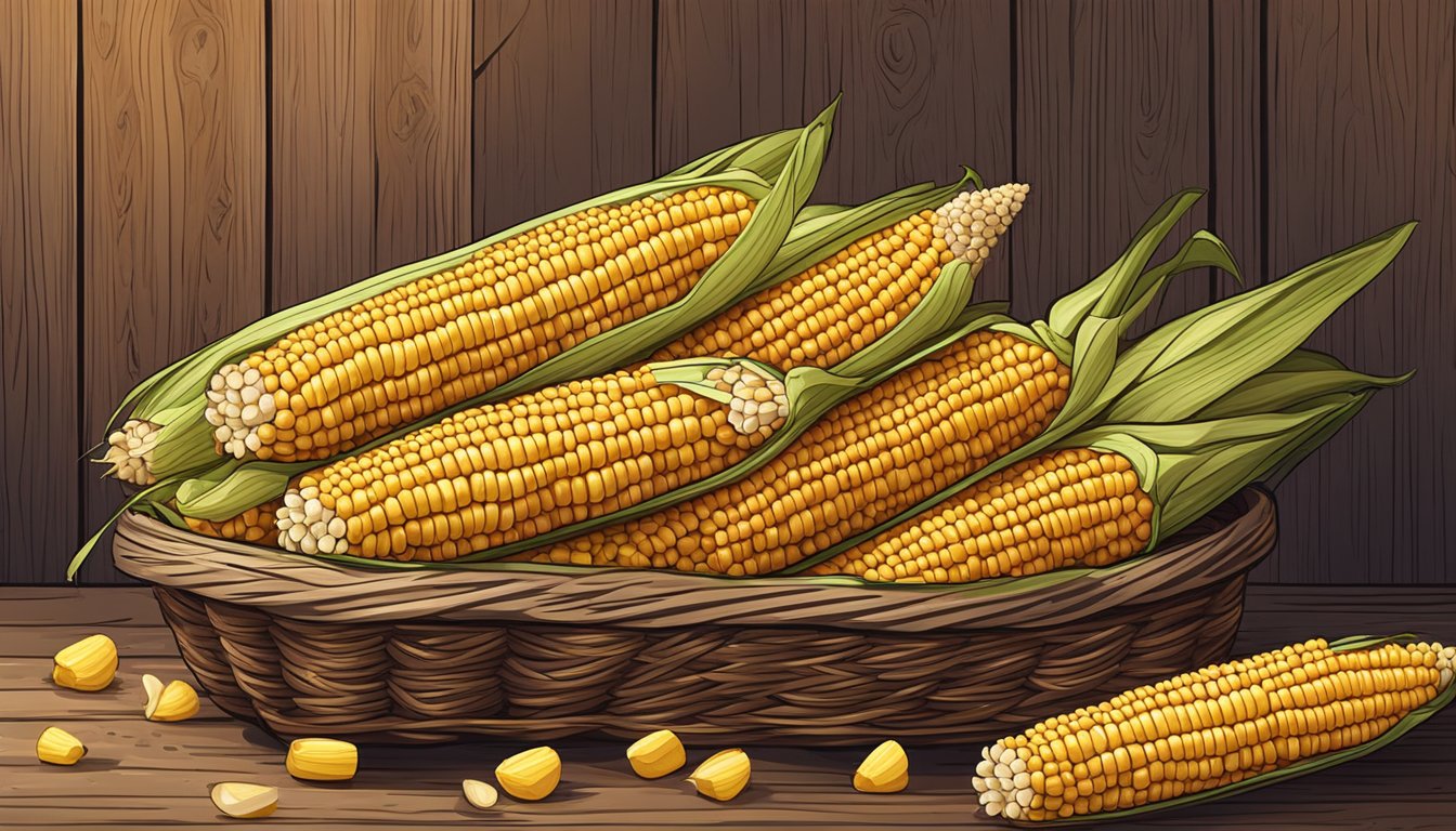 A pile of yellow corn on the cob, some with husks still attached, sitting in a wicker basket on a rustic wooden table