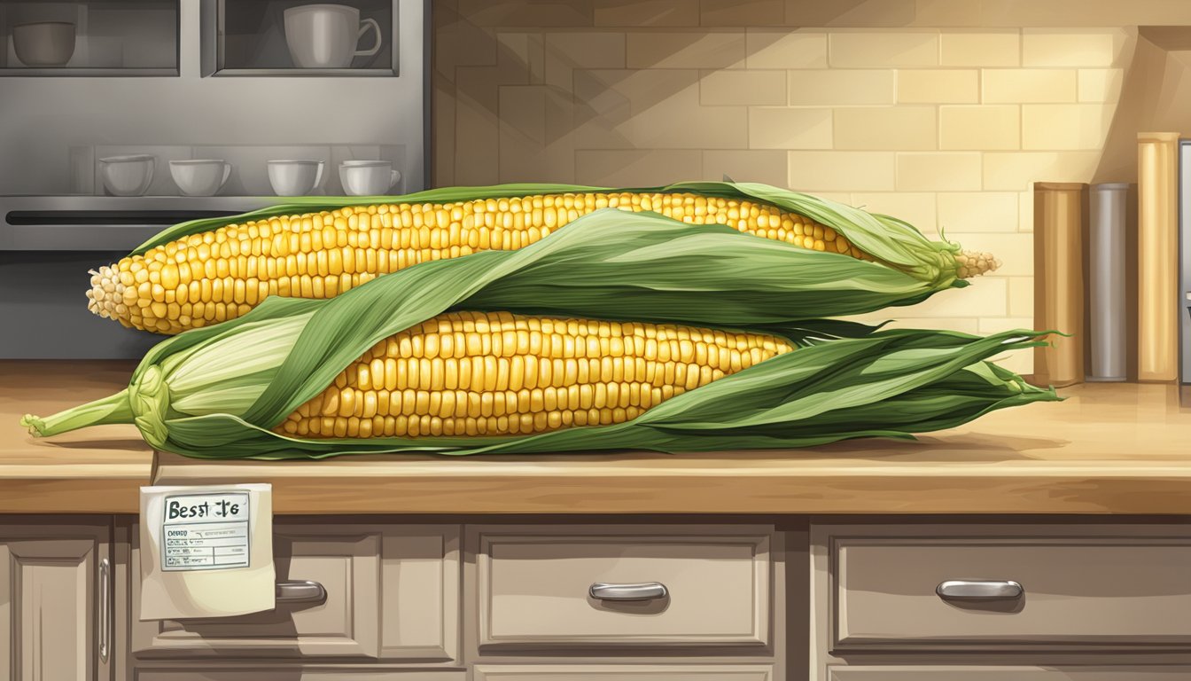 A corn on the cob with a "best by" date label on a kitchen shelf