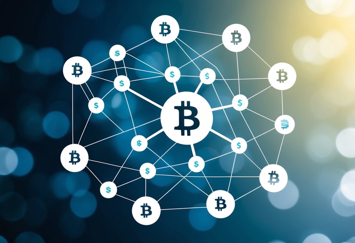 Uma rede de instituições interconectadas simbolizada por nós ligados, representando o papel das instituições na rede Bitcoin.