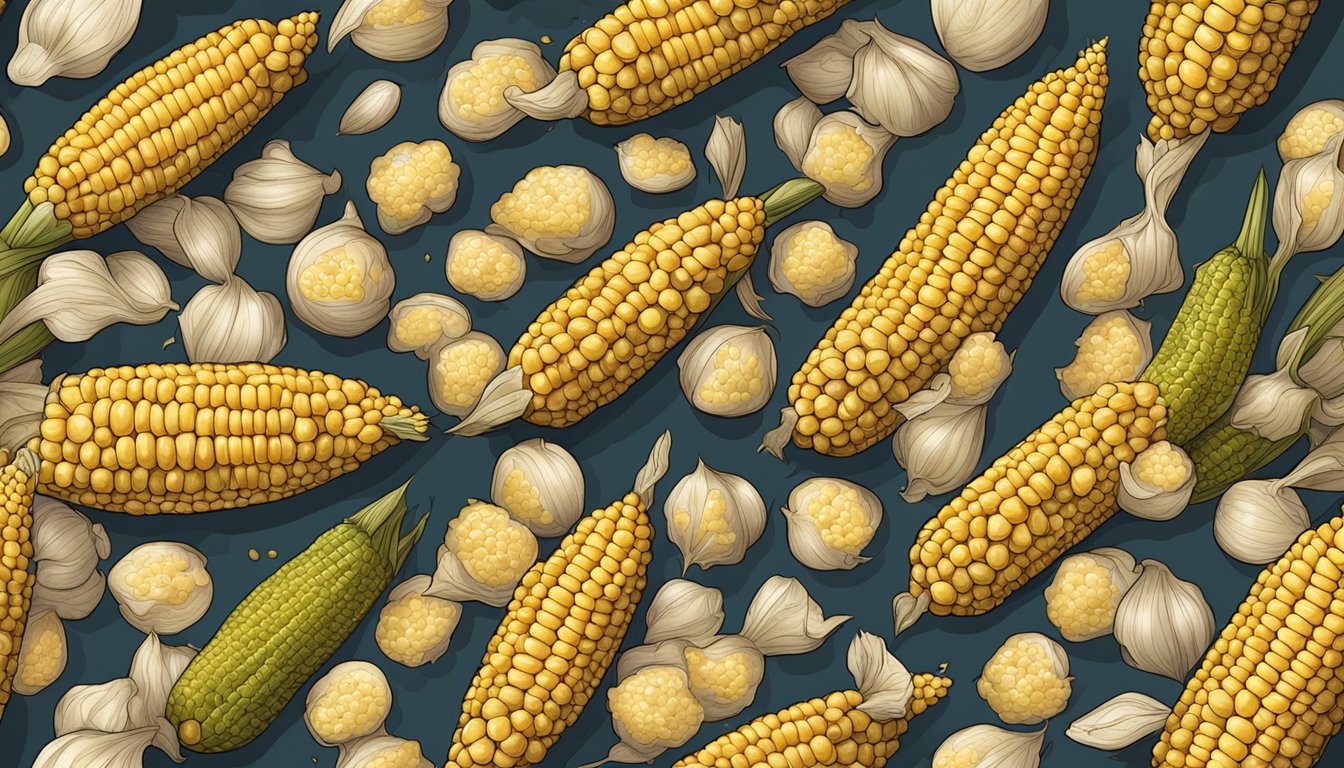 A pile of rotting corn on the cob with mold and discolored kernels