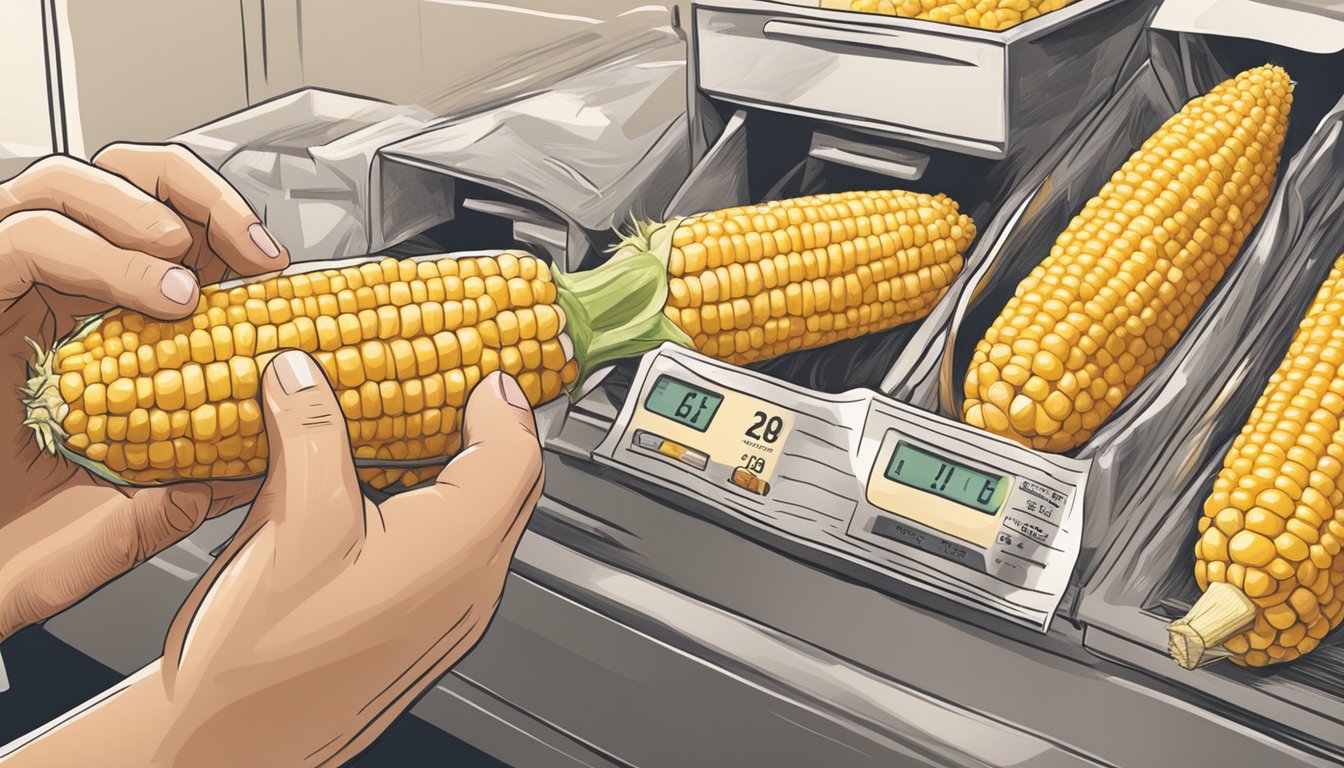 A person checking the expiration date on a package of corn on the cob before shucking and boiling it for consumption