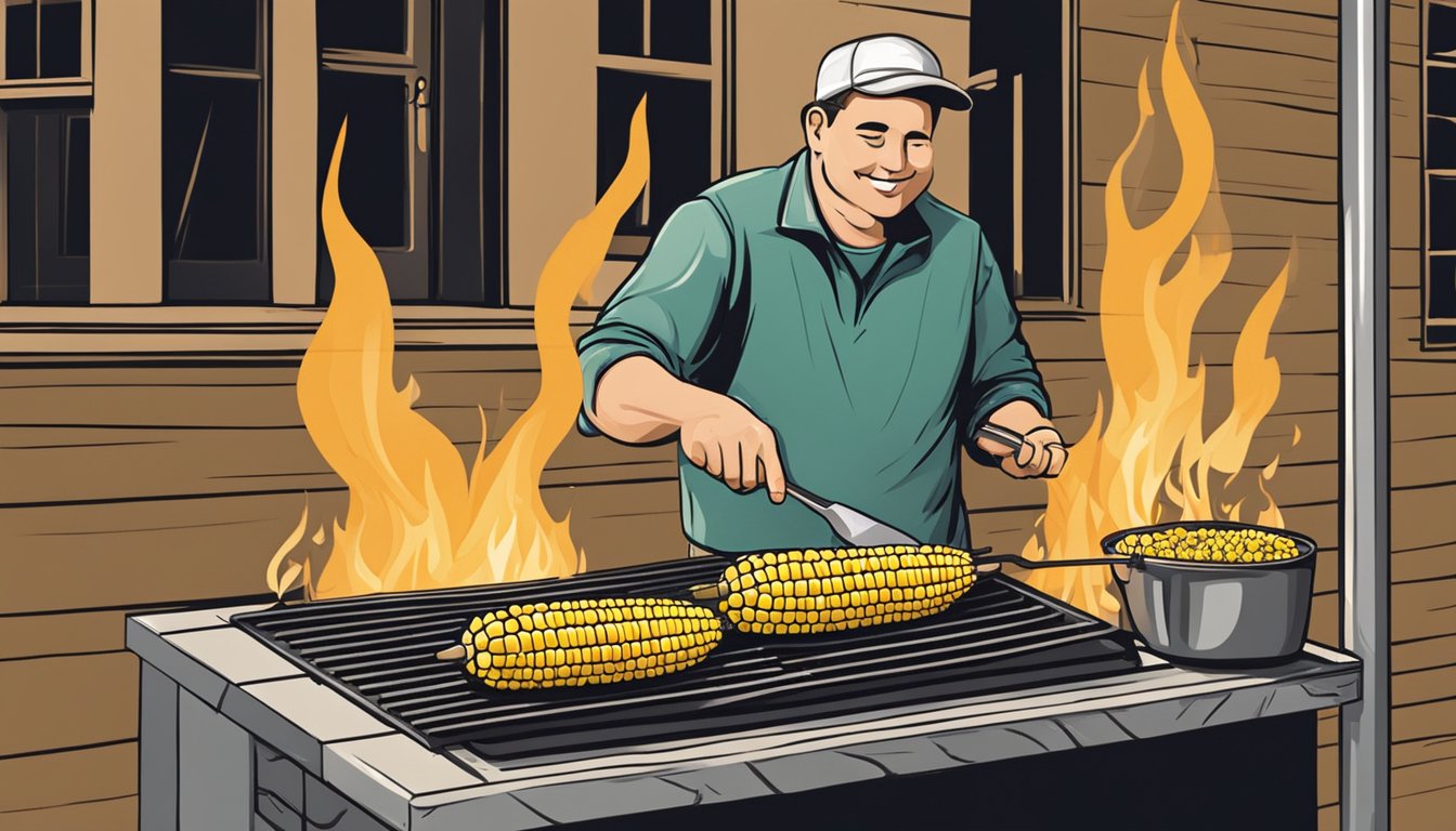 A person grilling corn on the cob over an open flame