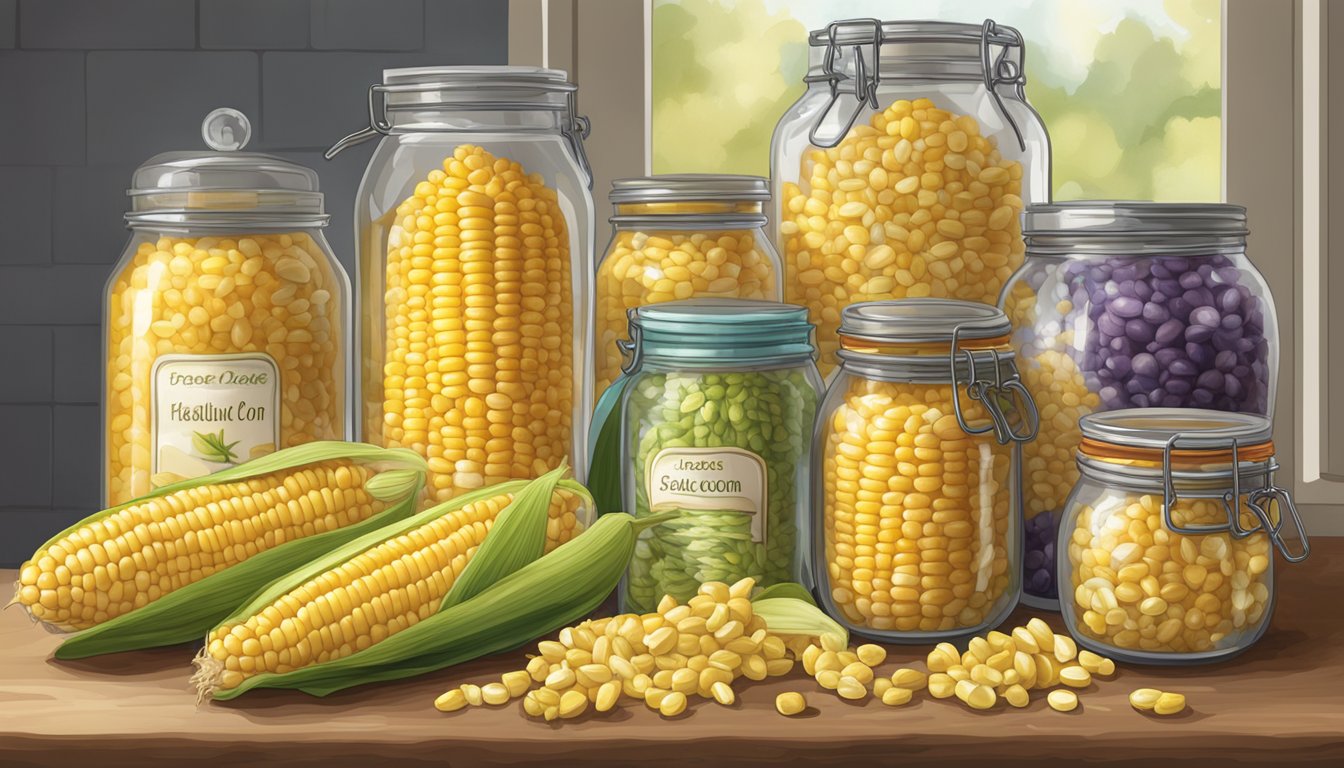 Fresh corn on the cob with various colorful husks, displayed alongside jars of corn products, with expiration dates clearly labeled