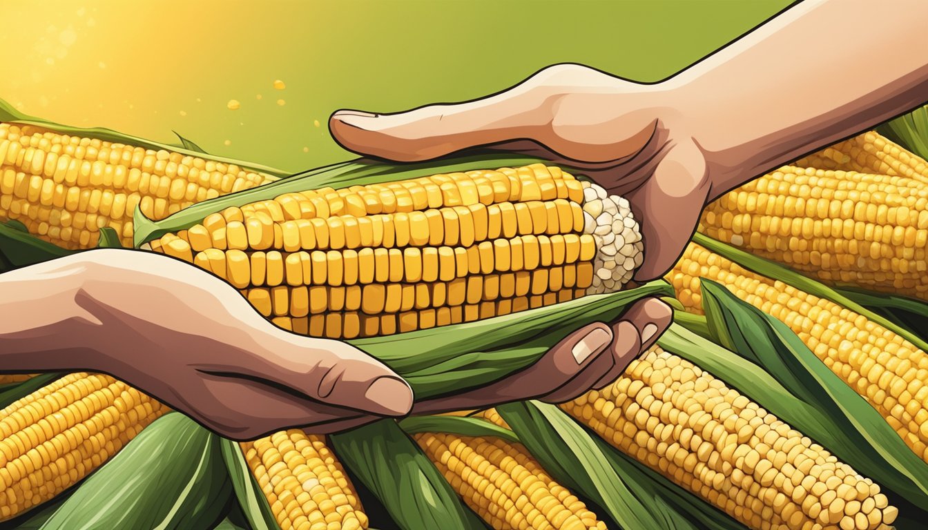 A hand reaching for a perfect ear of corn among a pile of fresh cobs