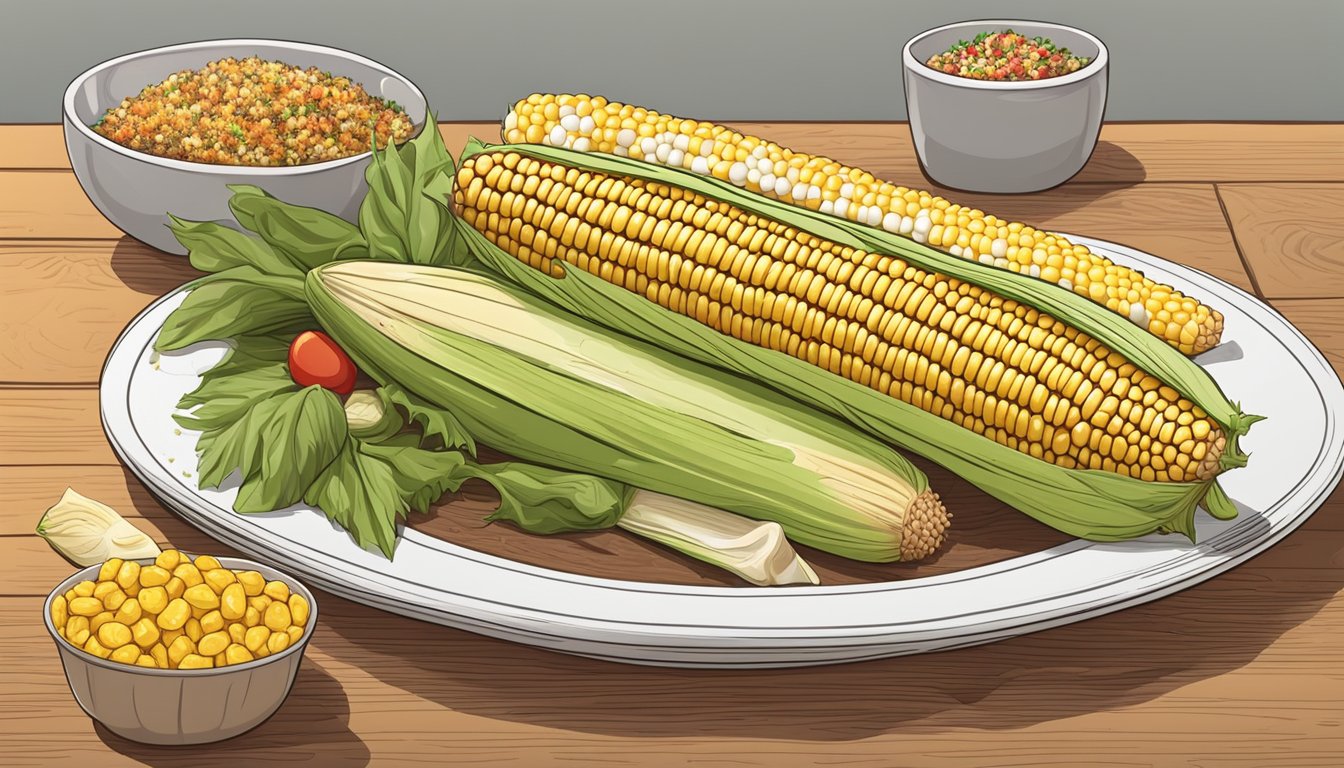 A corn on the cob with various seasonings and toppings arranged around it on a plate