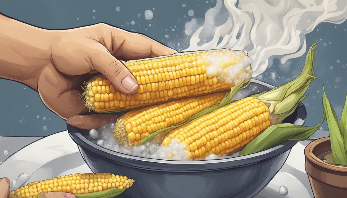 A hand holding a fresh ear of corn while submerged in a pot of boiling water