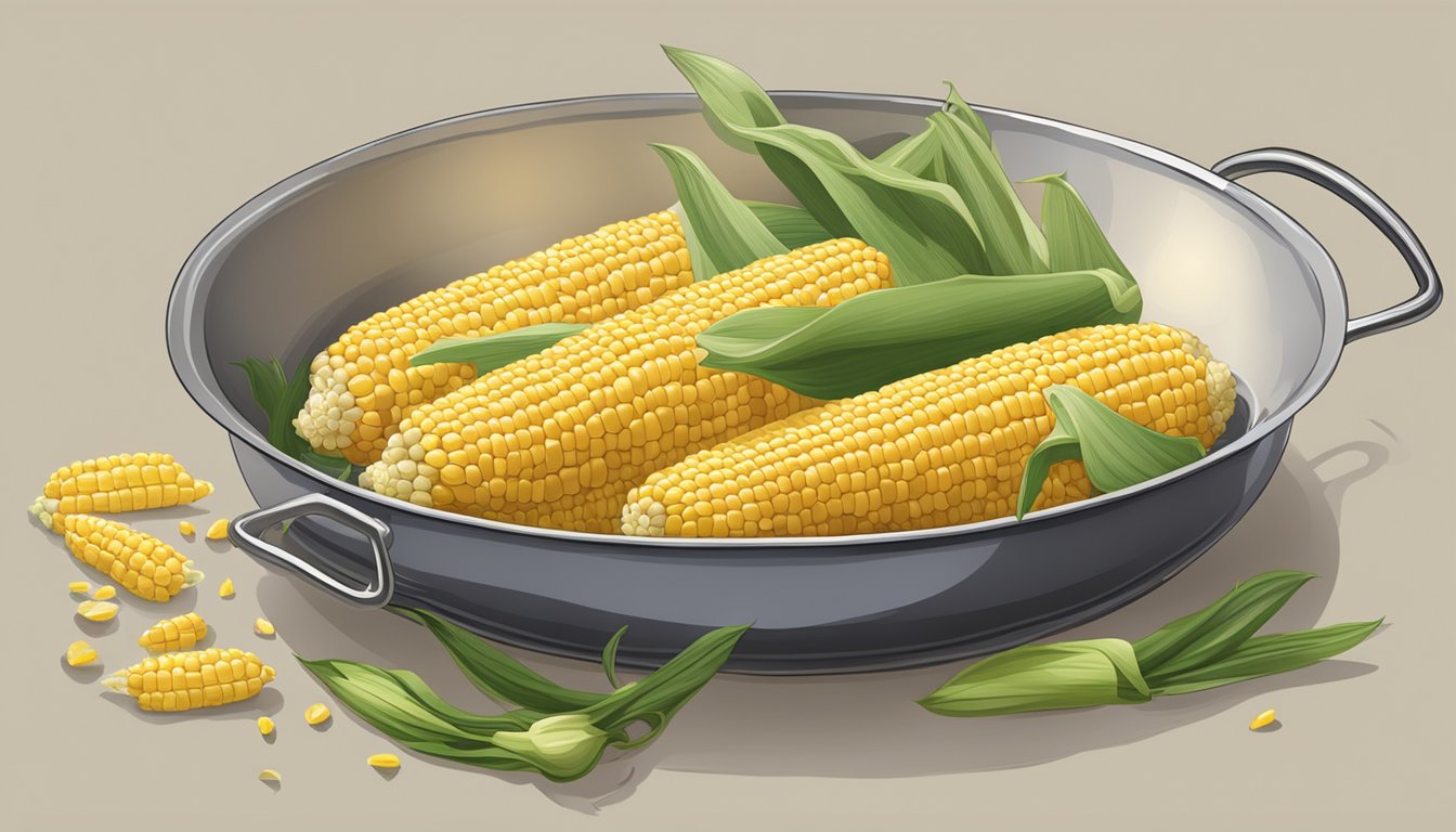 A pot of boiling water, a pile of fresh corn, and a serving platter