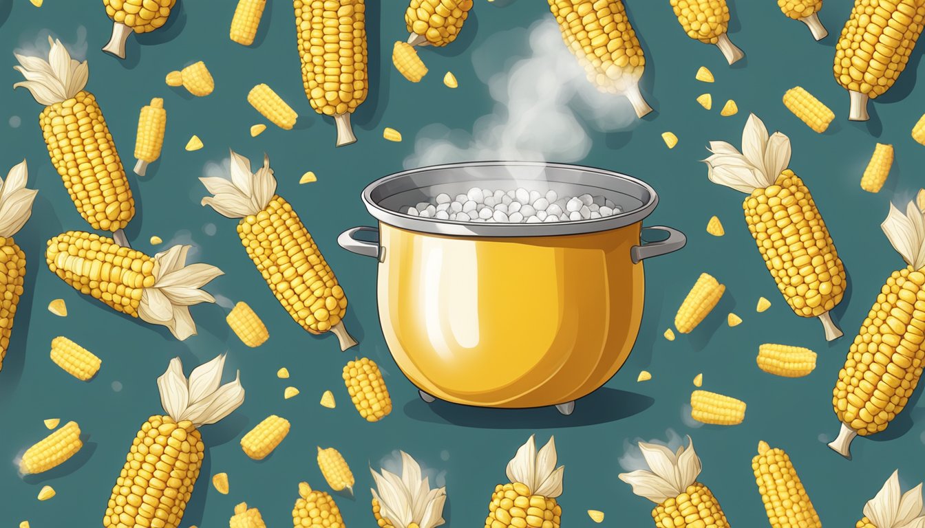 A pot of boiling water with corn cobs inside, steam rising