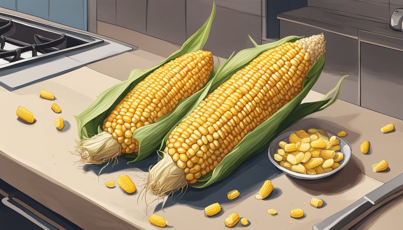 A dried-out, shriveled corn on the cob sits on a kitchen counter, its kernels starting to turn brown and mushy