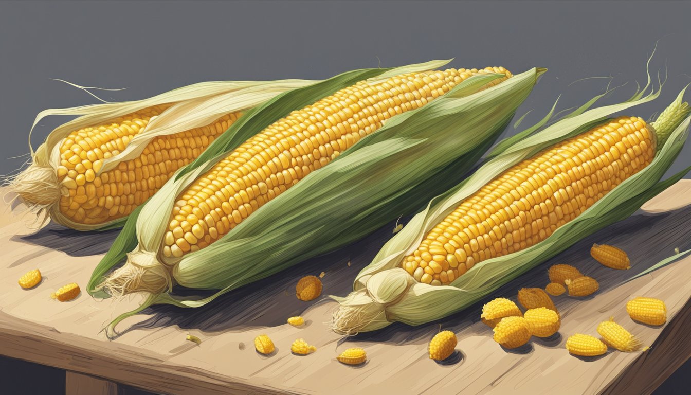 A cob of corn sits on a dusty shelf, surrounded by other expired produce. Its husk is starting to dry and curl, and the kernels are beginning to shrivel