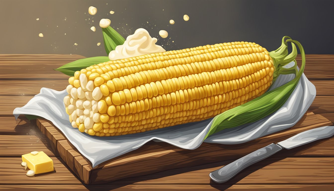 A steaming ear of corn on the cob, surrounded by a pat of melting butter, on a rustic wooden table