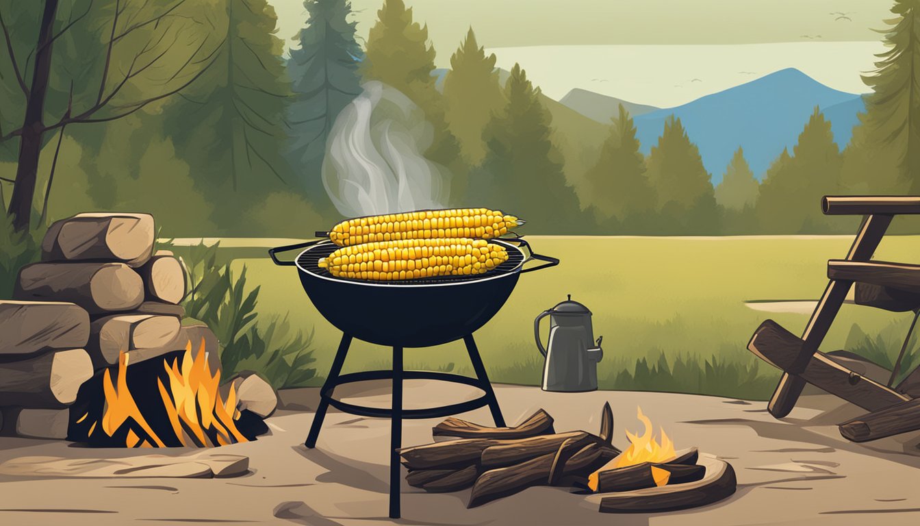 A person grilling corn on the cob over a campfire, with a rustic outdoor setting and a relaxed atmosphere