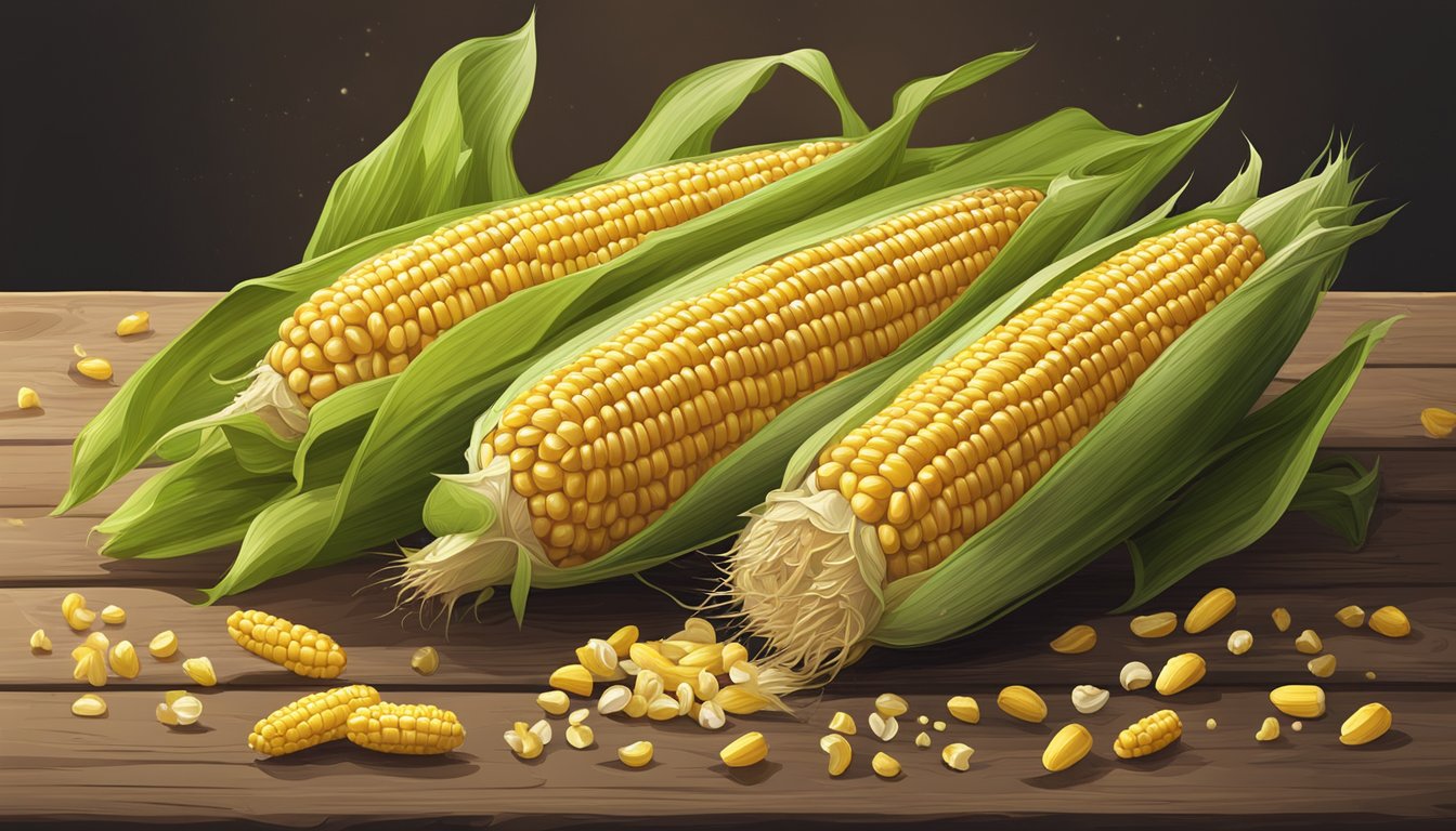 A golden ear of unrefrigerated corn on the cob sits on a rustic wooden table, surrounded by scattered husks and a few stray kernels