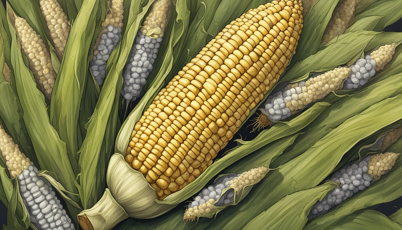 An illustration of a moldy and rotting ear of corn on the cob, surrounded by pests and disease symptoms