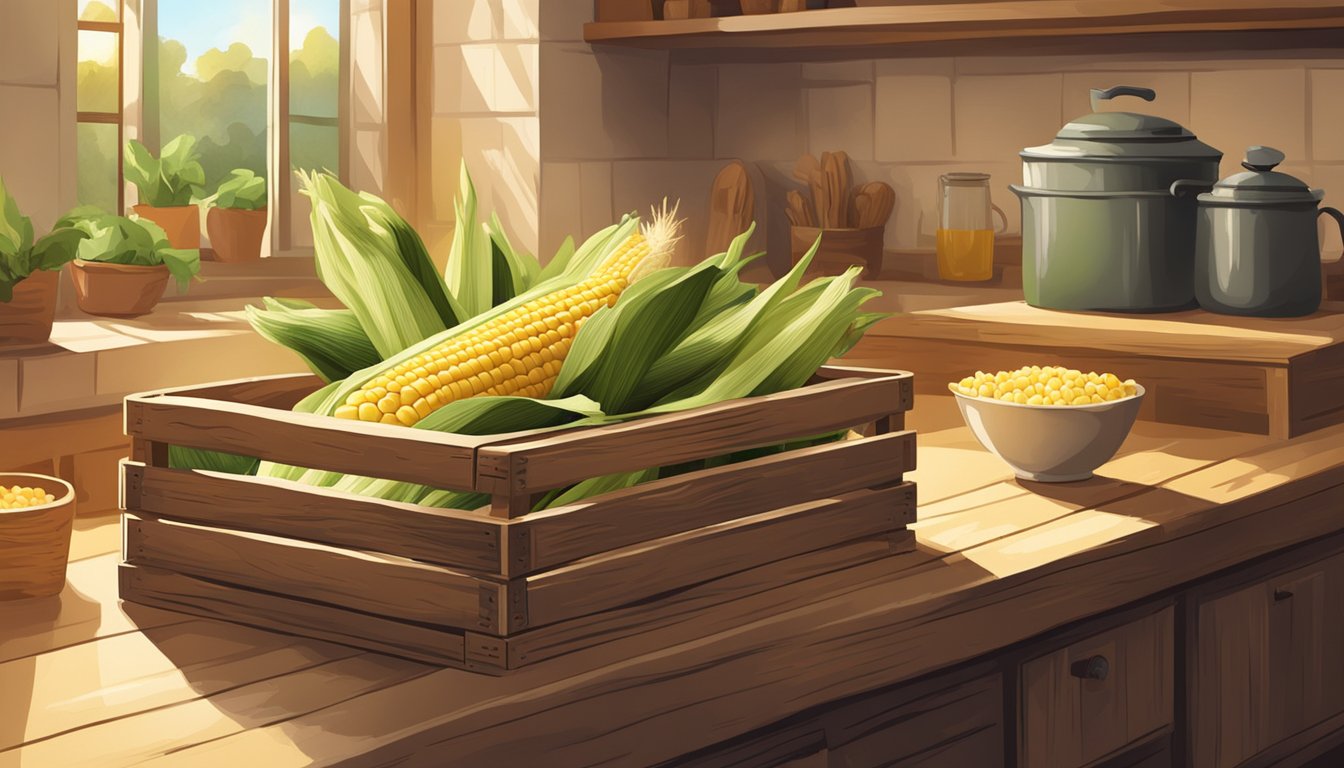 A rustic kitchen with a wooden crate filled with fresh corn on the cob sitting on the countertop, bathed in warm sunlight