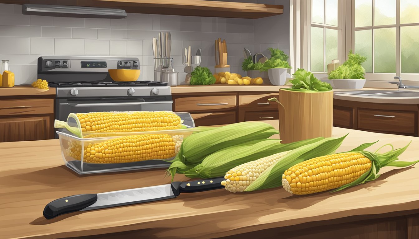 A kitchen counter with a pile of fresh corn on the cob, a knife, and a container for storing the prepared corn unrefrigerated