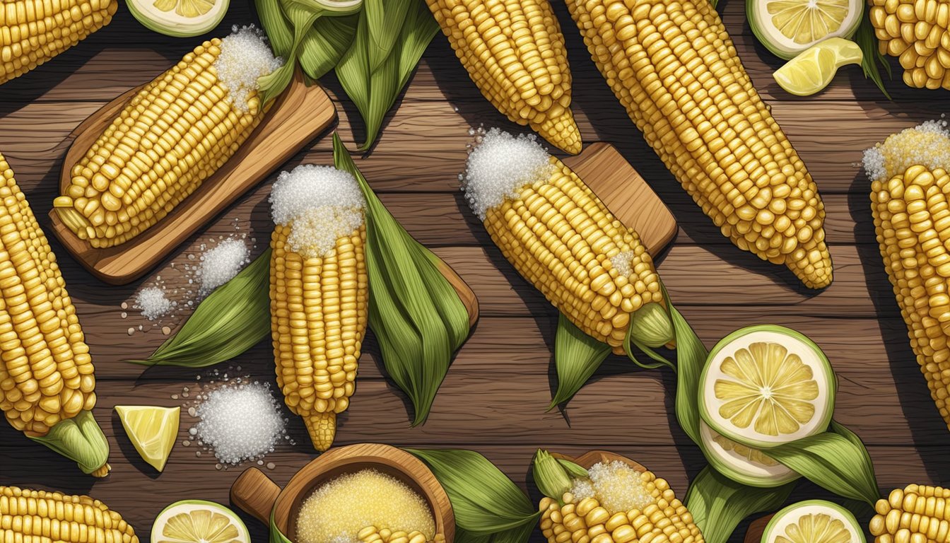 Freshly cooked corn on the cob on a rustic wooden platter, surrounded by melted butter, salt, and pepper