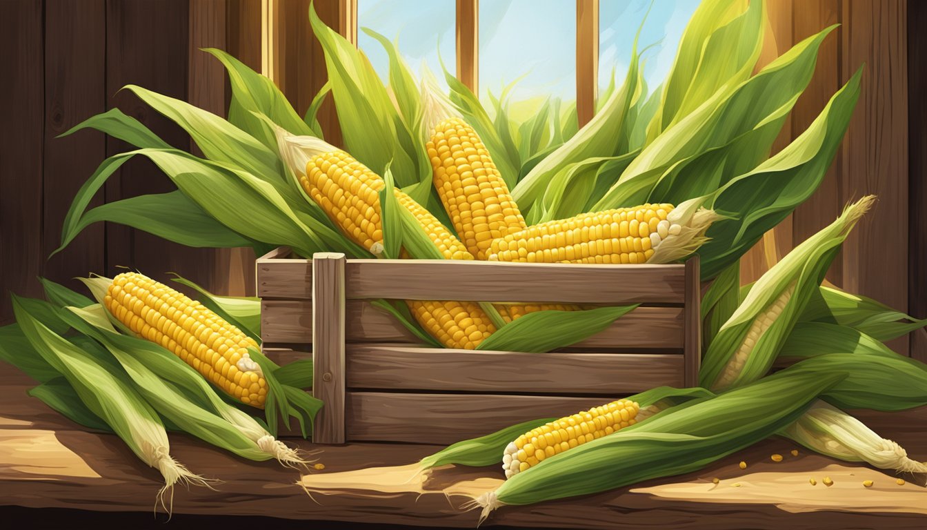 A rustic wooden crate filled with fresh ears of corn on the cob, surrounded by vibrant green husks and golden kernels. Sunlight streams through an open window, casting a warm glow on the produce