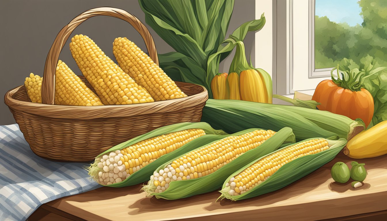 Fresh corn on the cob left out on the kitchen counter, with a basket of other produce nearby