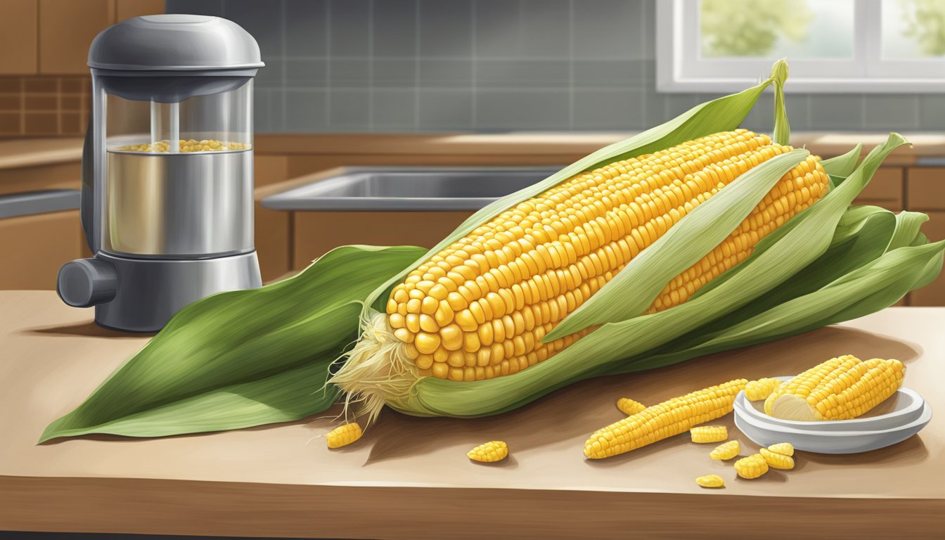 A cob of corn left out on a clean, well-lit kitchen counter