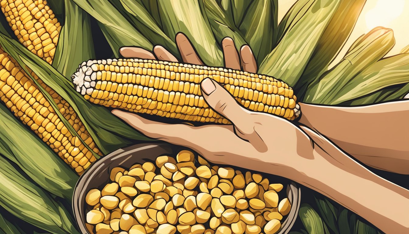 A hand reaching for a fresh ear of corn from a pile, with husks partially peeled back and kernels glistening in the sunlight