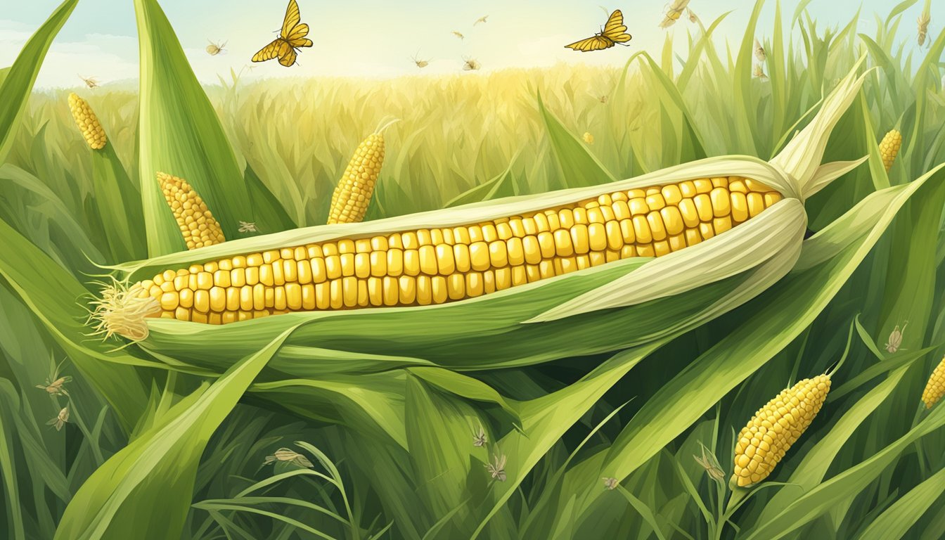 A single corn on the cob left out in a grassy field, surrounded by scattered husks and attracting flies