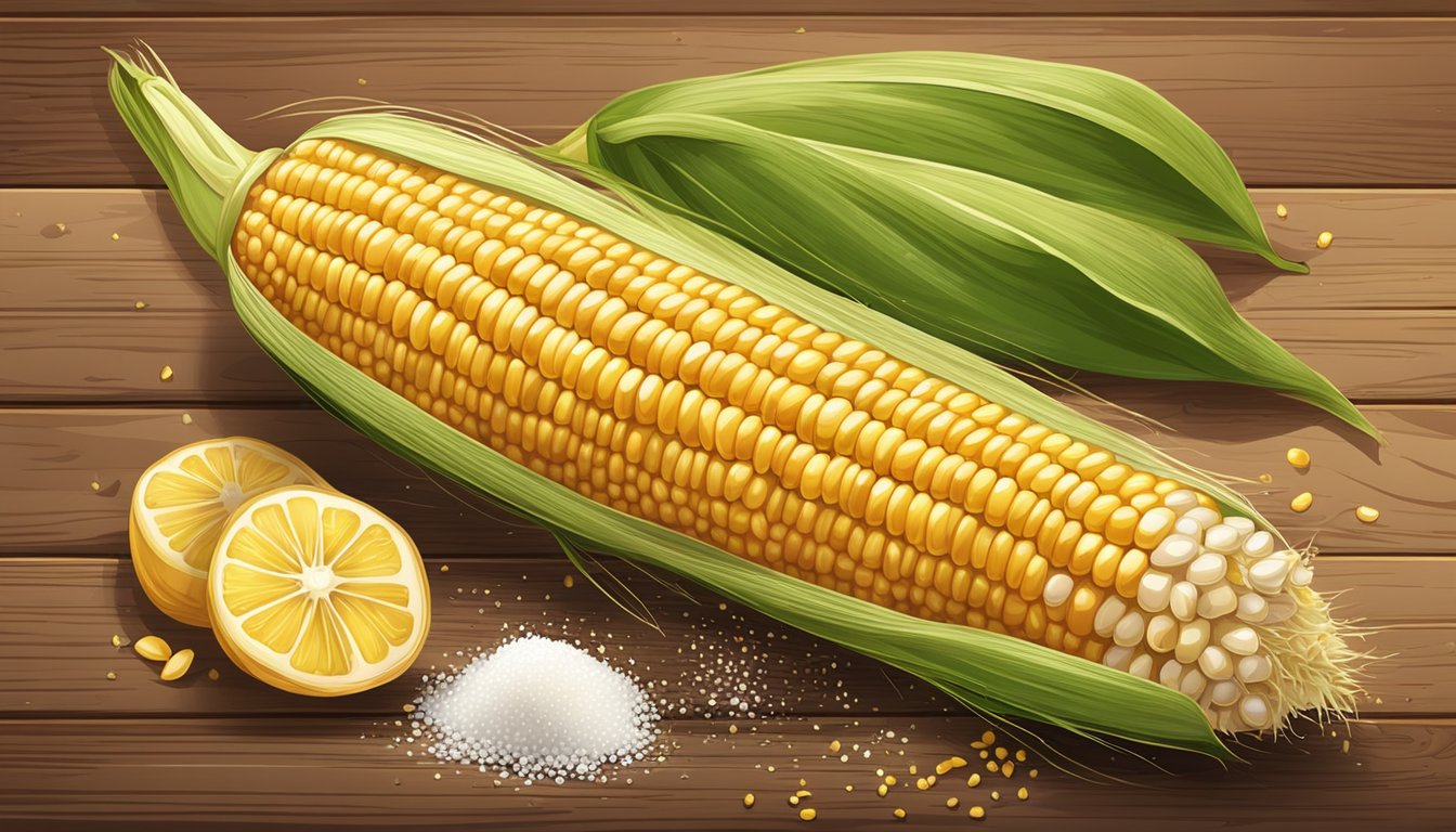 A juicy ear of corn sits on a rustic wooden table, surrounded by scattered kernels and a sprinkling of salt, with a hint of steam rising from its golden surface