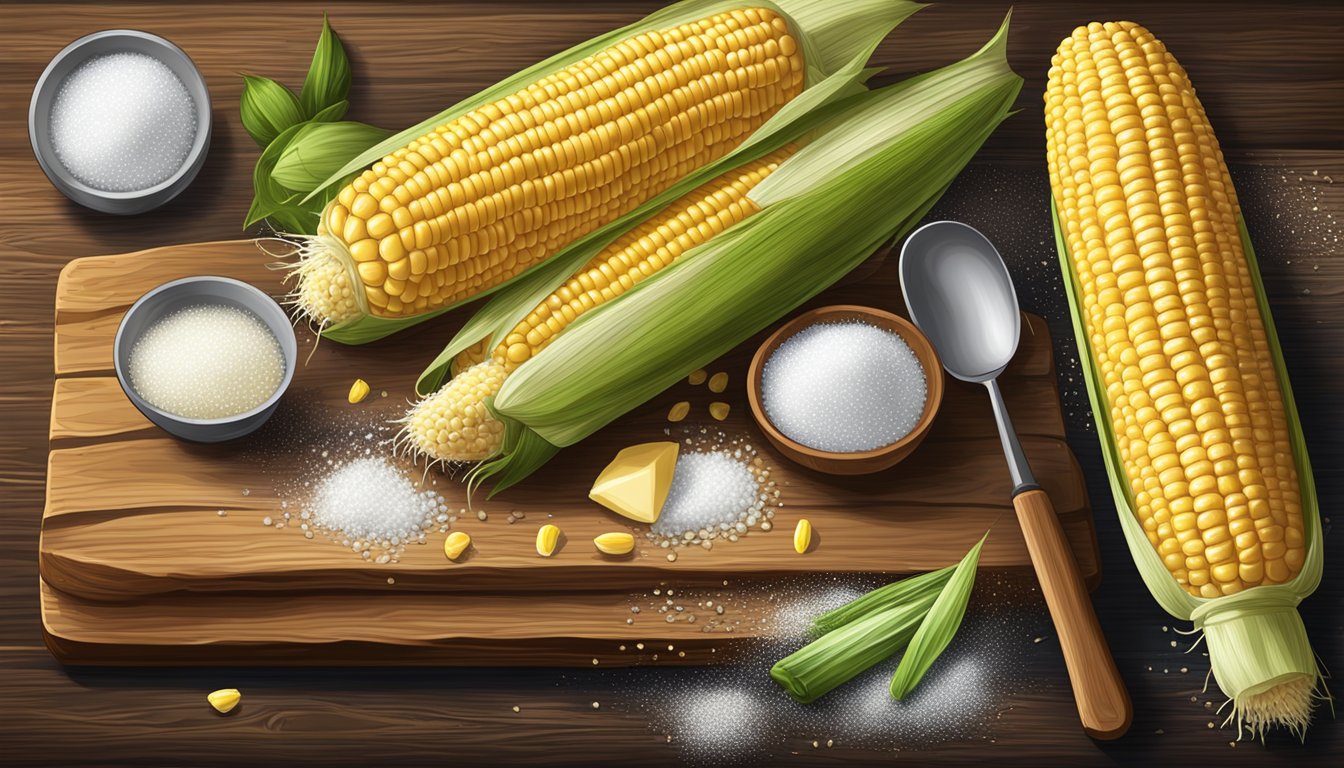 Freshly cooked corn on the cob on a rustic wooden serving platter, surrounded by a sprinkling of salt and a pat of butter, with steam rising from the kernels