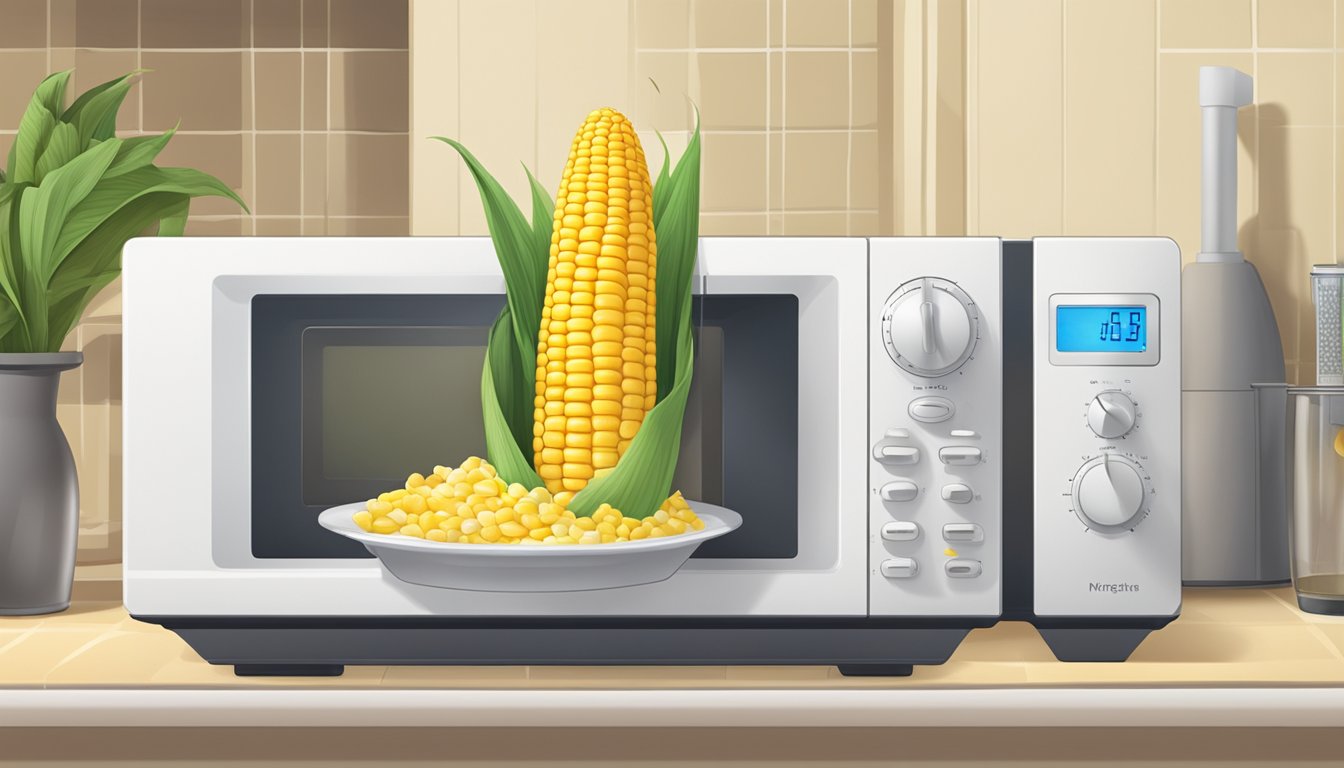 A steaming ear of corn on a plate, surrounded by a microwave and a timer set to reheat