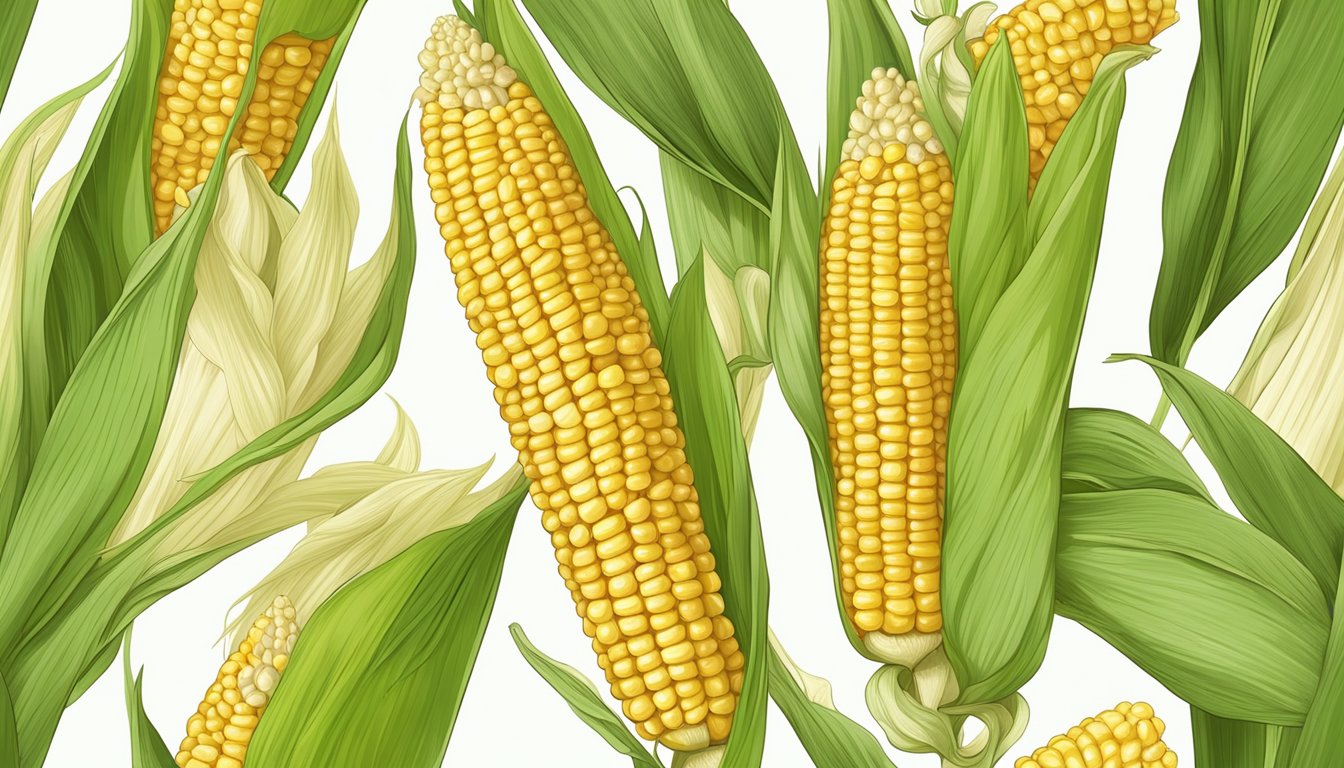 An uncooked corn on the cob with green husk and golden kernels