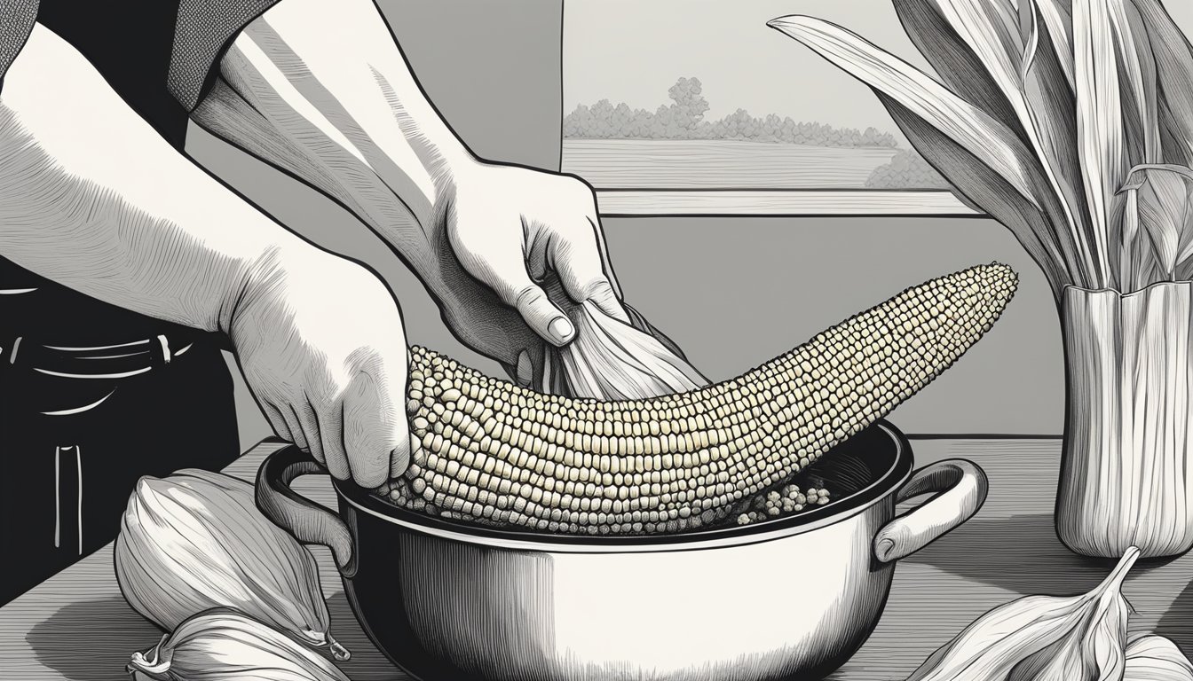 A hand holding a fresh ear of corn, husk pulled back to reveal the kernels. A pot of water sits nearby, ready for boiling