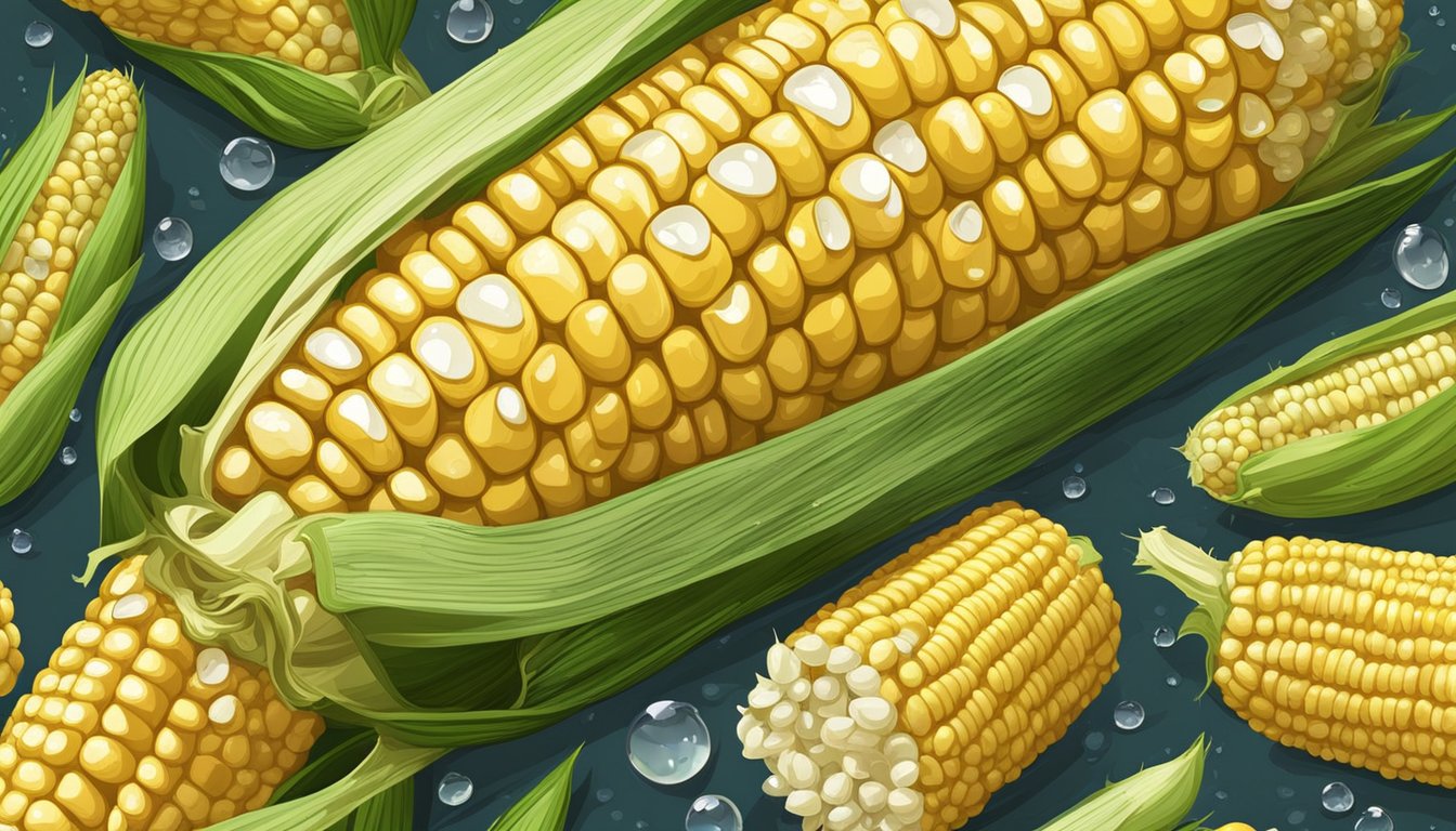 Fresh corn on the cob surrounded by husks, with water droplets on the kernels