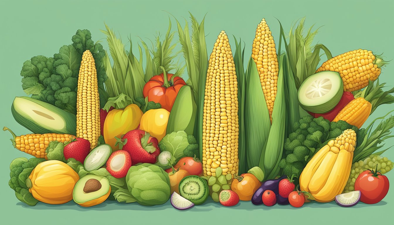 An ear of uncooked corn on the cob, surrounded by various fruits and vegetables, highlighting the versatility of diets