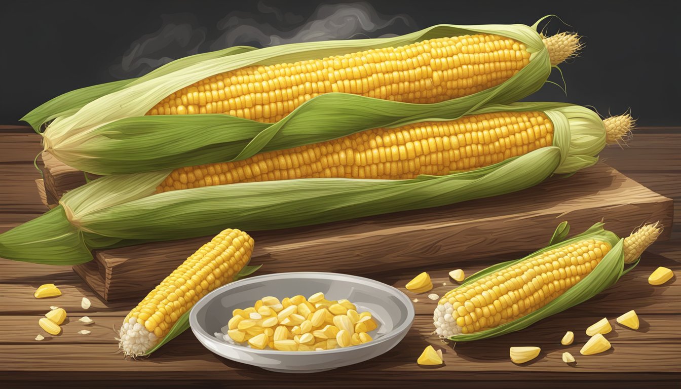 Freshly picked corn on the cob, steaming and kept warm on a rustic wooden table