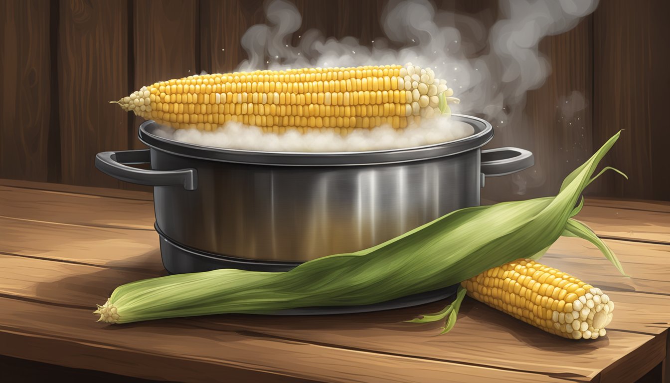 Steaming corn on the cob in a pot, with a lid on and steam rising, sitting on a rustic wooden table