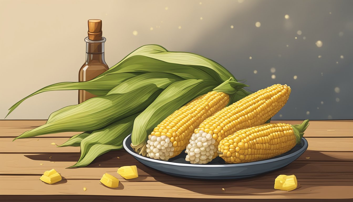 A corn on the cob resting on a rustic wooden table, with a small dish of vinegar nearby. The air is filled with the sweet smell of fresh corn