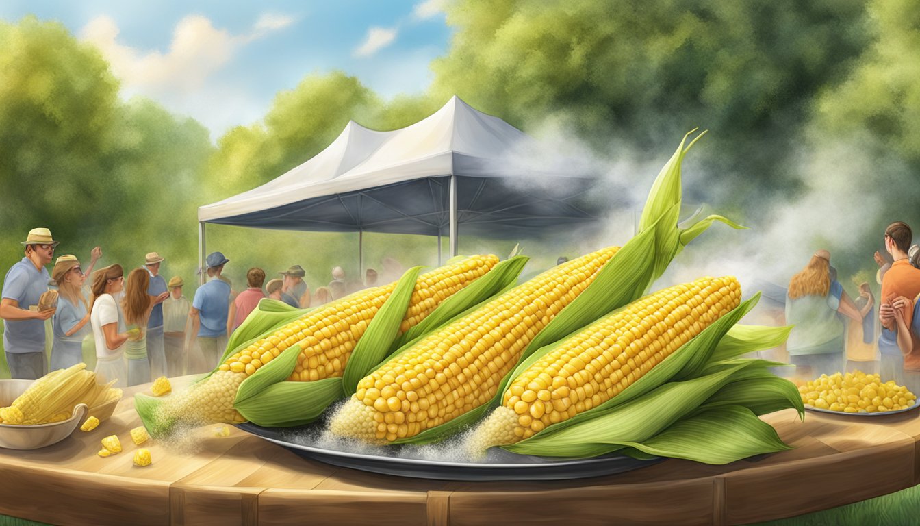 Corn on the cob on a platter, surrounded by steam, at an outdoor event