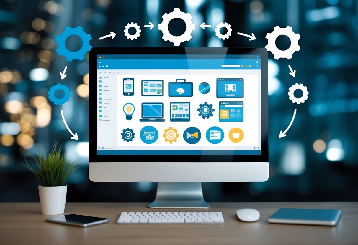 Uma tela de computador exibindo várias ferramentas e ícones digitais, cercada por engrenagens e setas simbolizando mudança e inovação