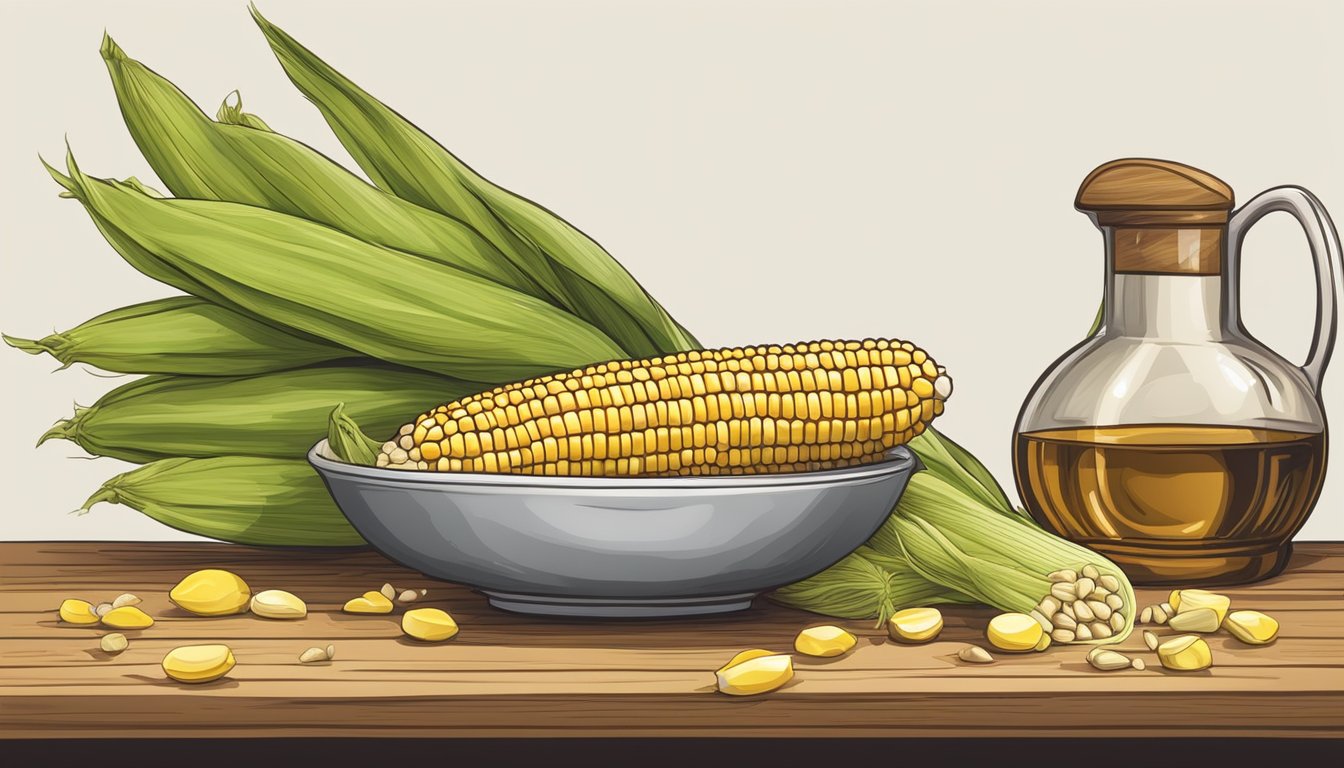 Fresh corn on the cob stored in a cool, dry place. A small dish of vinegar sits nearby, emitting a sharp, tangy smell