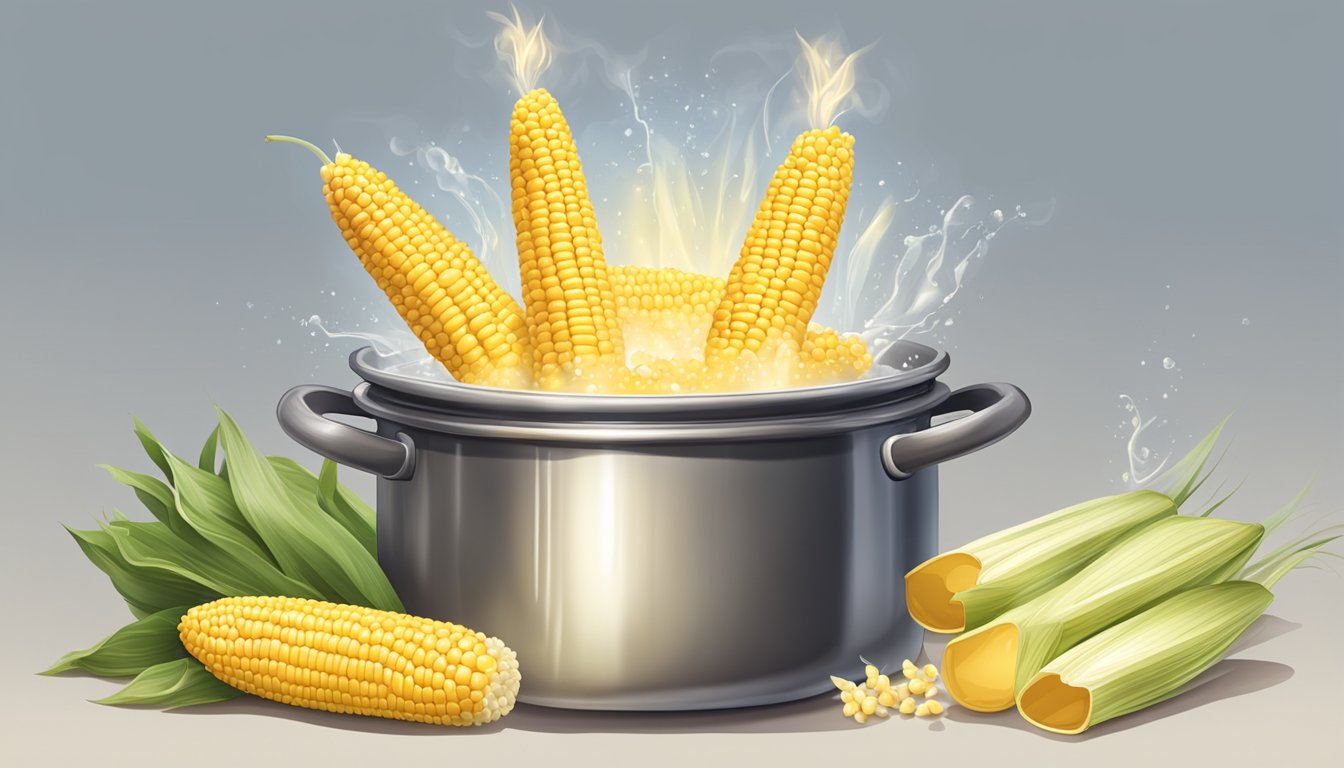 A pot of boiling water with corn on the cob, a bottle of vinegar nearby, emitting a strong smell