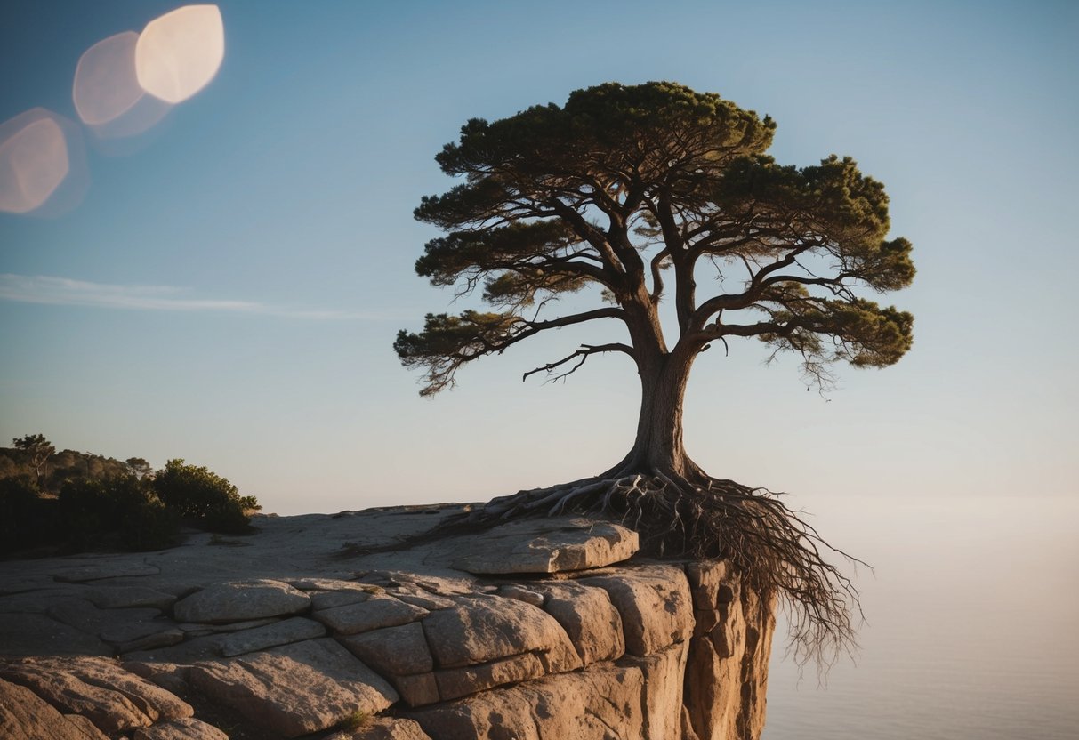 Uma árvore solitária crescendo em um penhasco rochoso, suas raízes se aprofundando na terra enquanto desafia os ventos fortes e se ergue alta contra o horizonte.