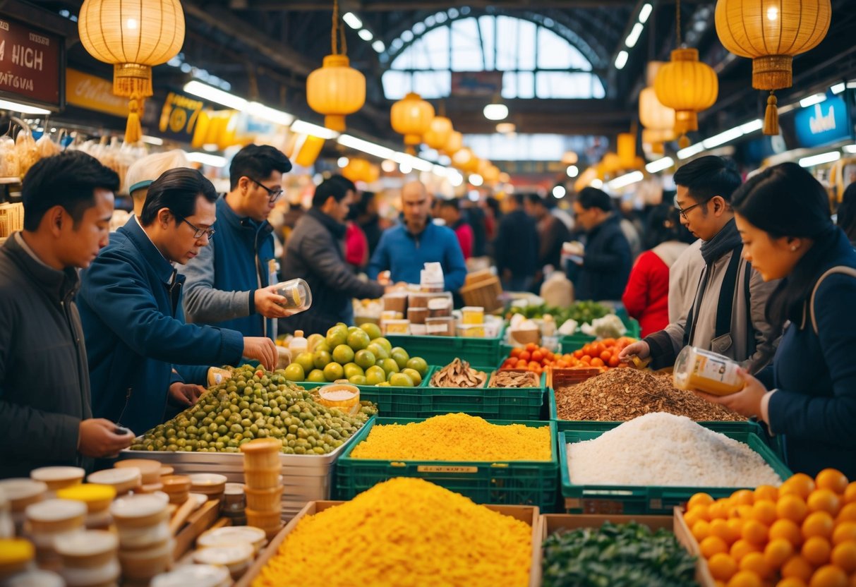 Um mercado movimentado com vendedores exibindo produtos inovadores, atraindo curiosos e desafiando normas tradicionais.