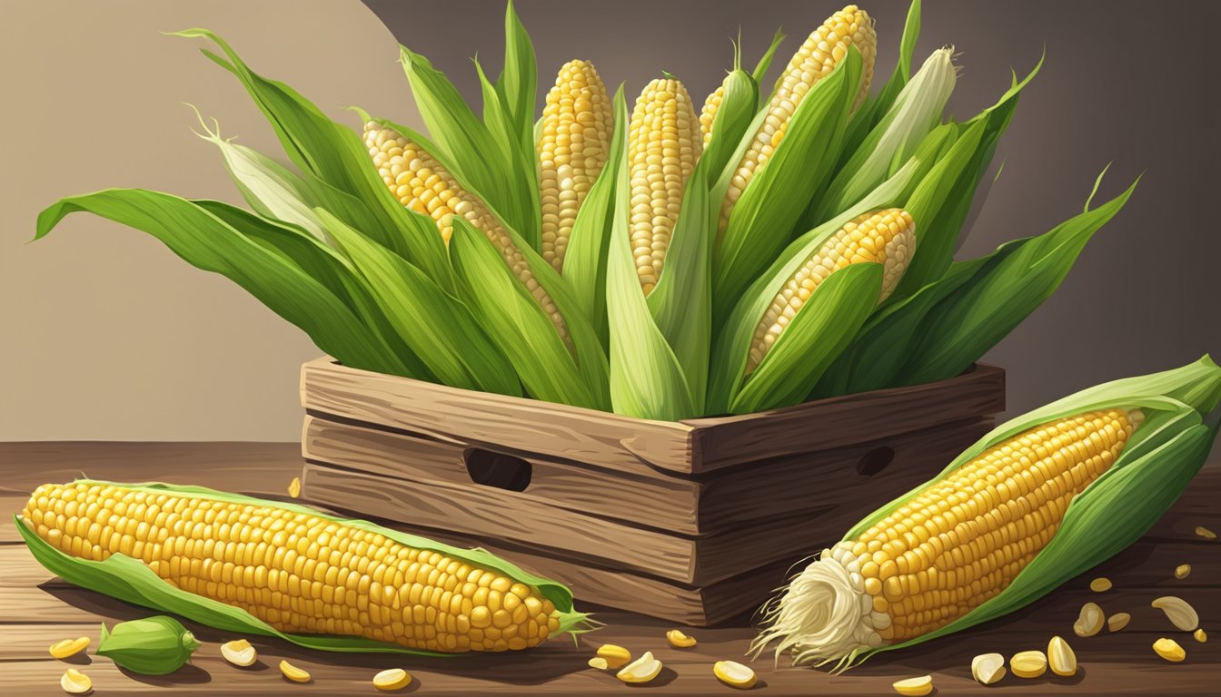 A pile of fresh corn on the cob, with vibrant green husks and plump, golden kernels, sits on a rustic wooden table. A calendar hangs nearby with a date circled