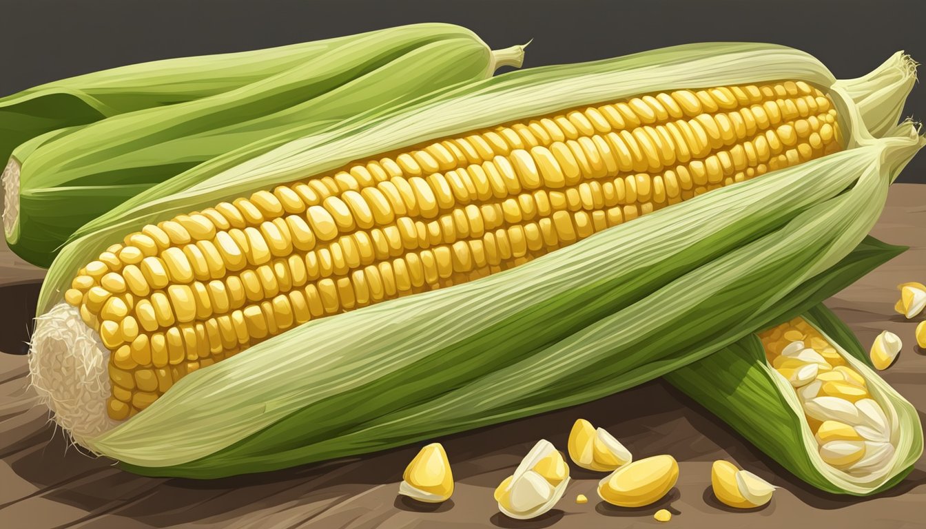 Fresh corn on the cob stored in a cool, dry place with husks intact and kernels plump and juicy