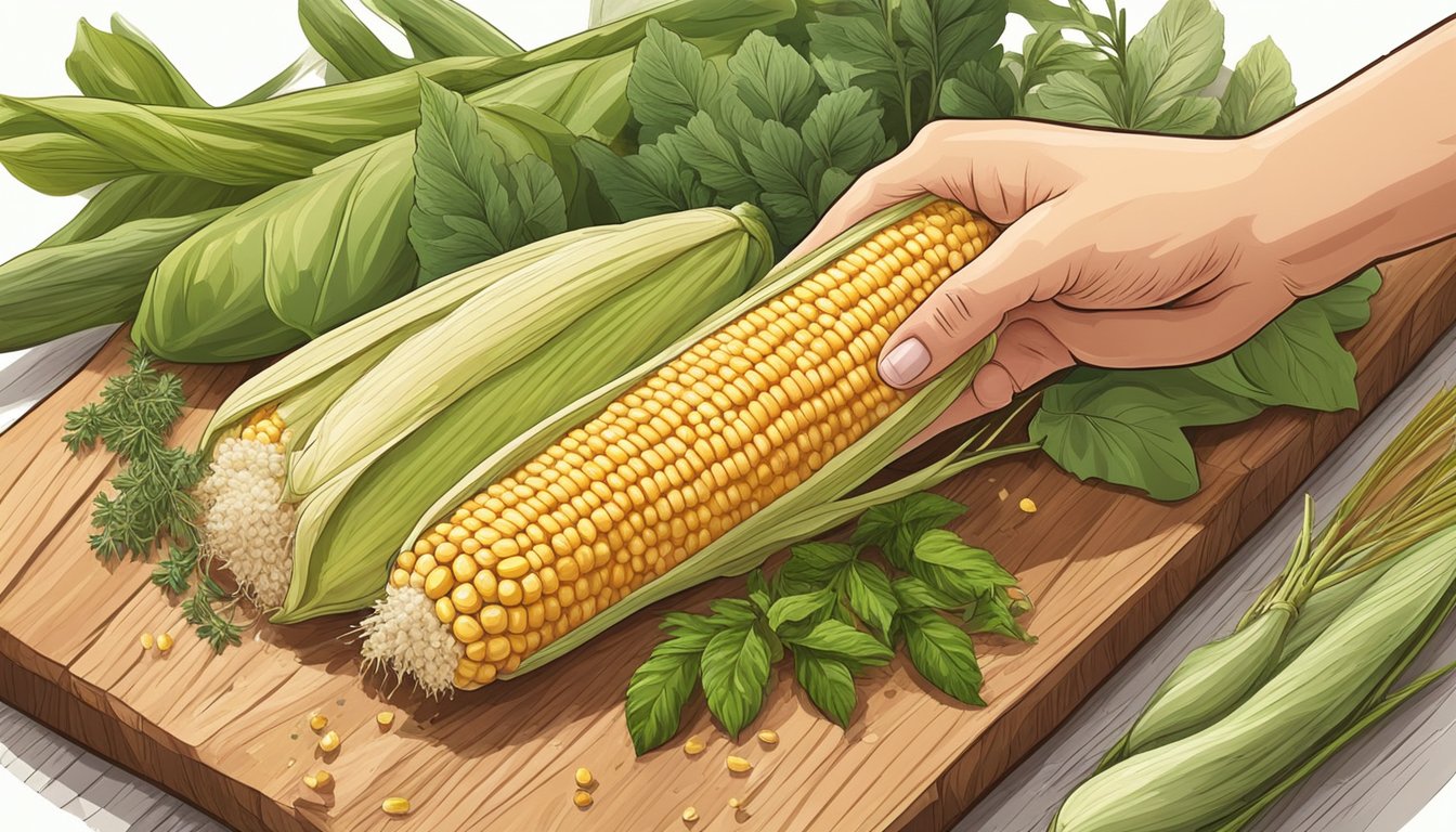 A hand holding a fresh ear of corn with husk pulled back, surrounded by a variety of herbs and seasonings on a wooden cutting board