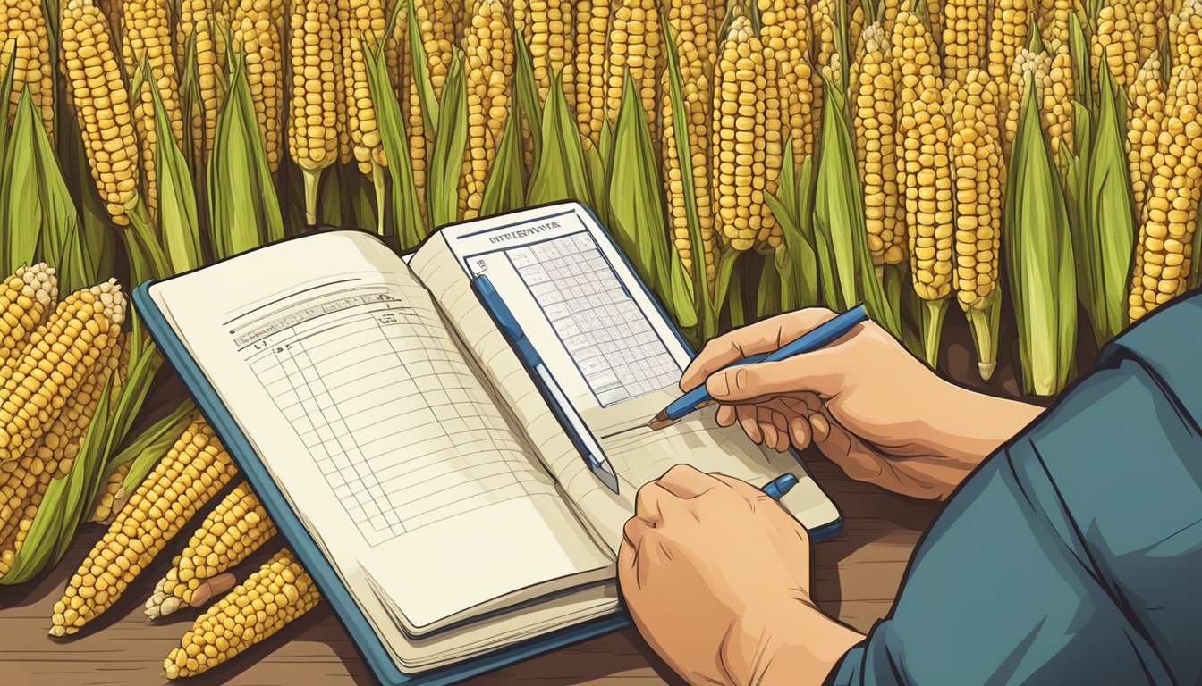 A farmer measuring the weight of harvested corn cobs and recording the data in a notebook for yield estimation