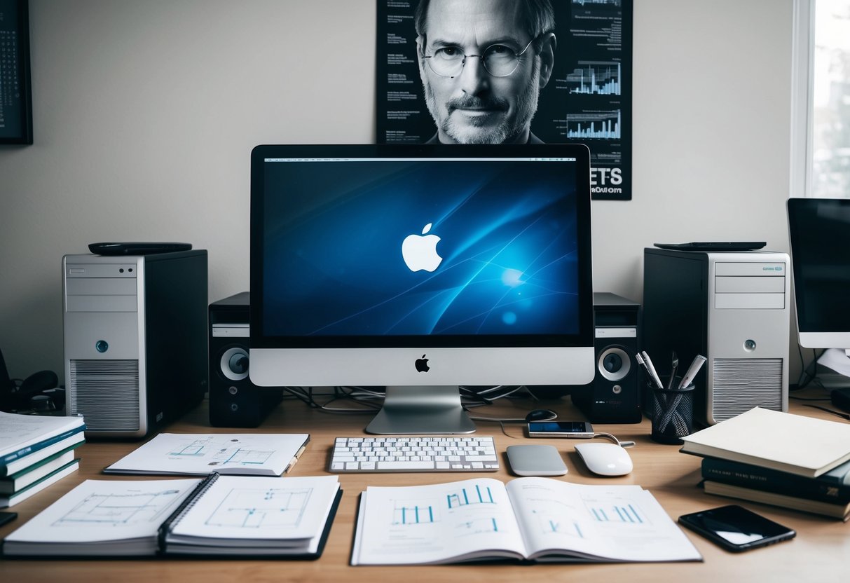 Uma mesa bagunçada com um computador, esboços e livros técnicos. Um pôster de Steve Jobs está pendurado na parede.