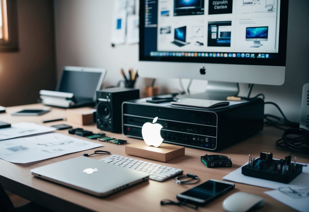 Uma mesa de trabalho desorganizada com um computador, esboços e vários componentes eletrônicos espalhados. Um produto icônico da Apple está em destaque na mesa.